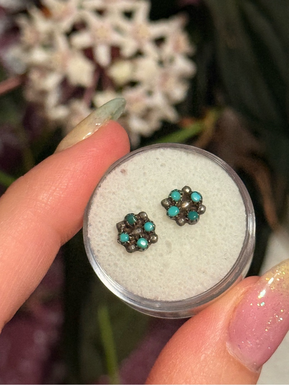 Vintage Zuni-Style Petit Point Snake Eyes Turquoise Earrings Sterling Silver